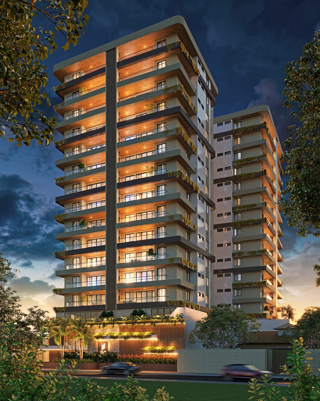 Due Residence — fachada noturna
